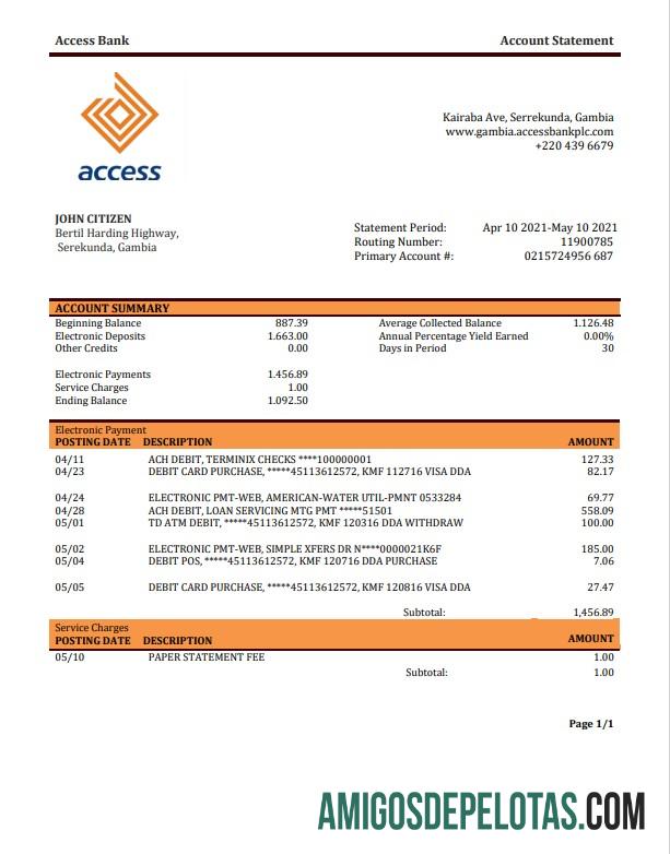 Modelo de extrato bancário de acesso da Gâmbia para impressão, formato Word e PDF